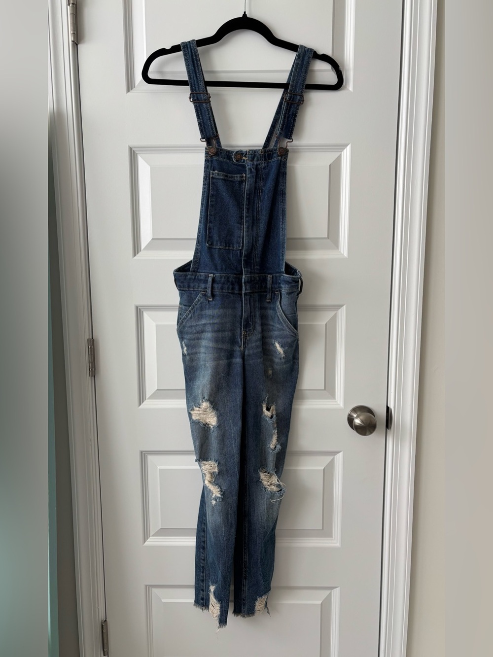 Hollister XS Super Skinny Crop Distressed Denim Overalls Y2K Vintage Stretch